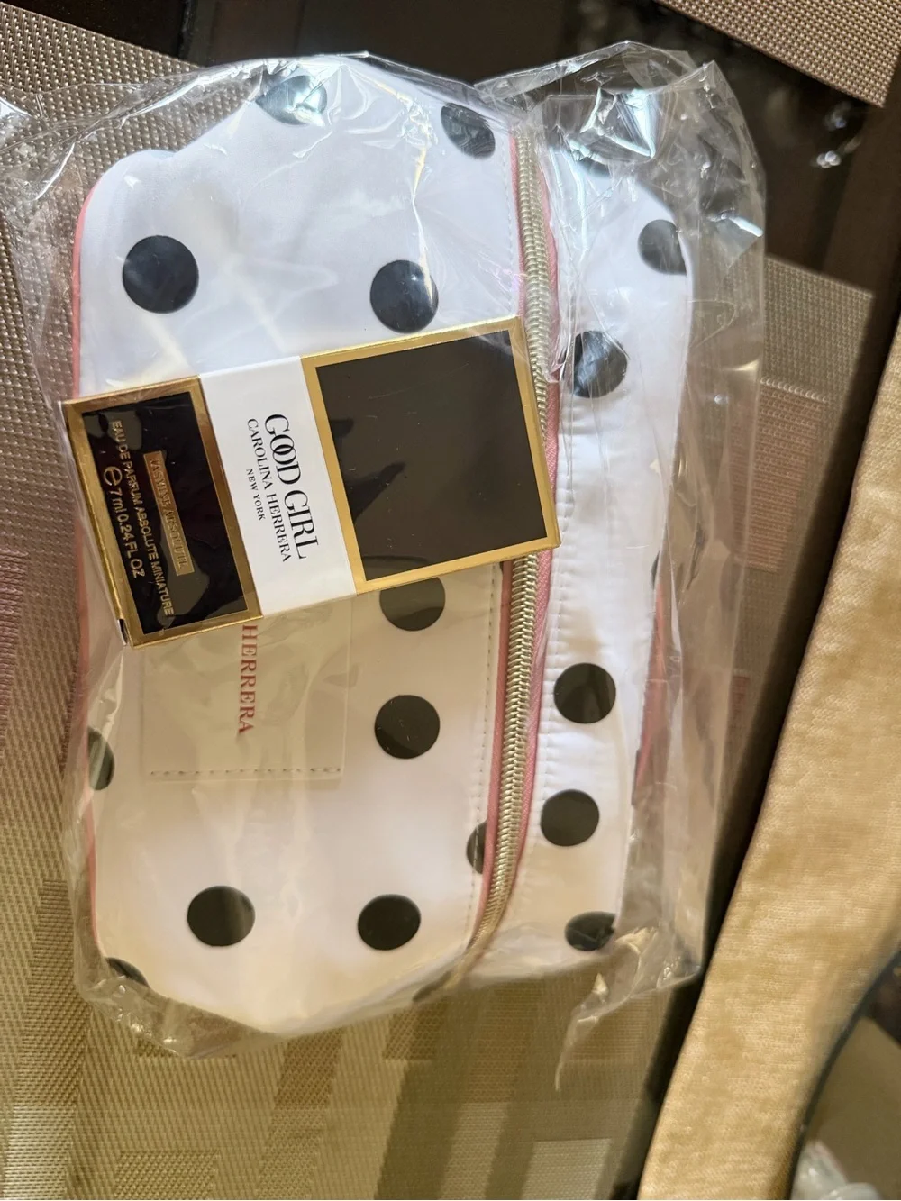 Carolina Herrera White Polka Dot Cosmetic Case with Pink Trim